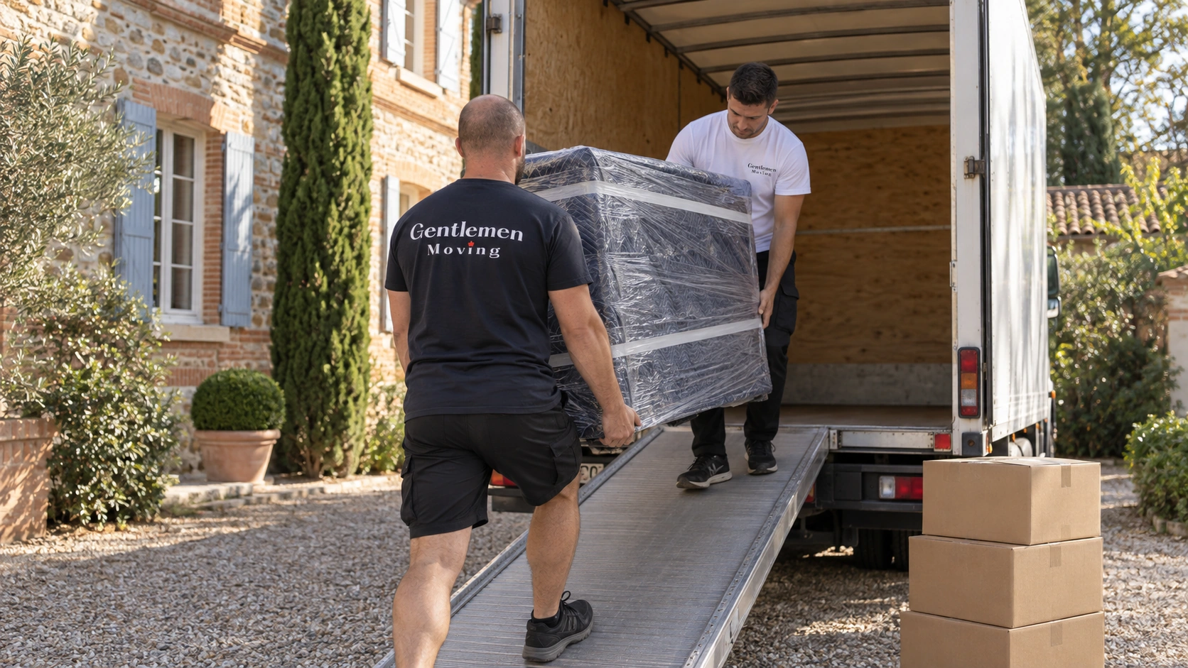 Deux déménageurs Gentlemen Moving montent un meuble entièrement filmé dans le camion par la rampe, devant une maison en brique foraine