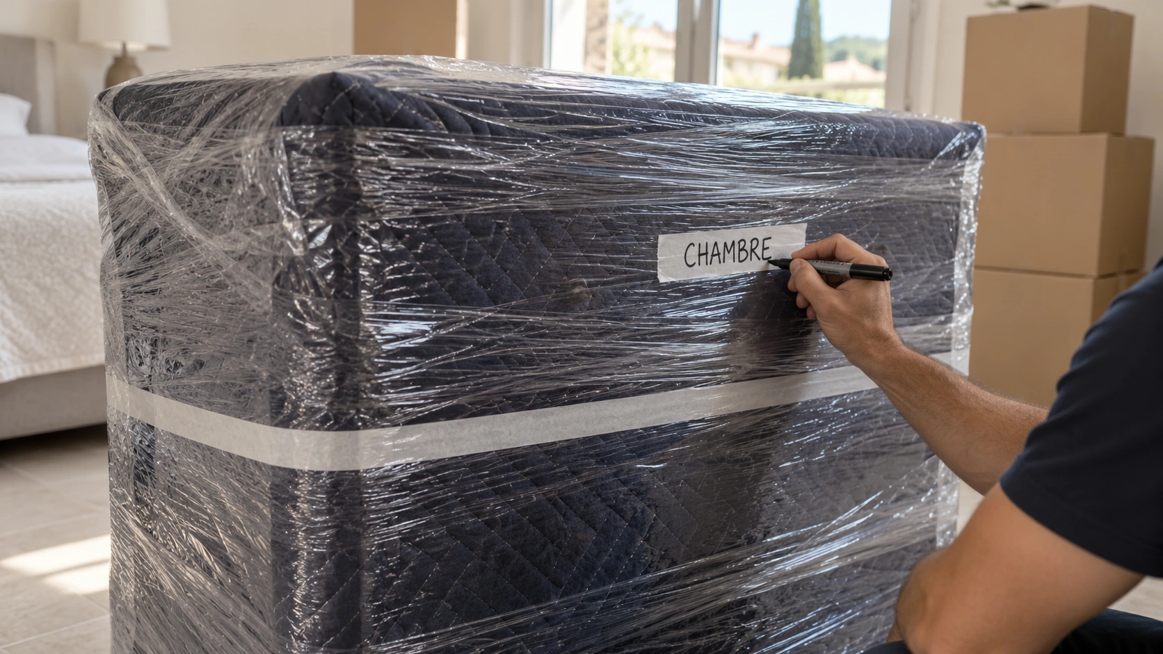 Main écrivant CHAMBRE au marqueur sur une étiquette blanche collée sur une commode filmée